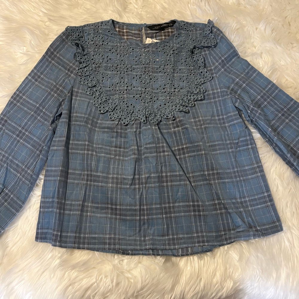 NWT Zara Blue Eyelet Lace Plaid Top